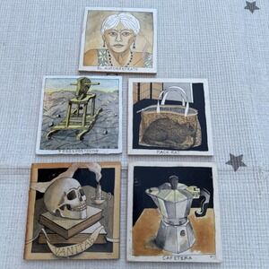 Susan Matthews Mixed Media Wood Art Set 5x5 paintings Vanitas 5pc
